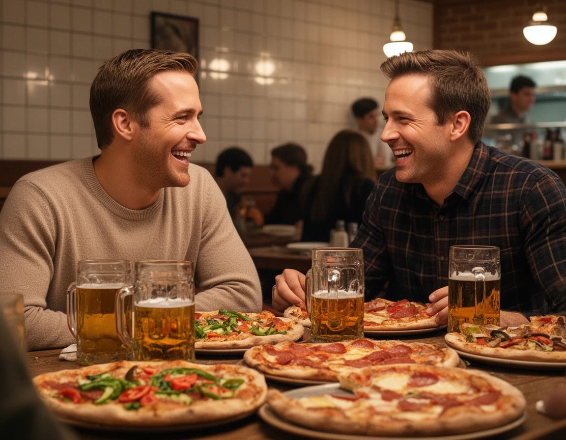 Actor Ryan Gosling and Actor Ryan Reynolds having a good time drinking beer and eating pizza