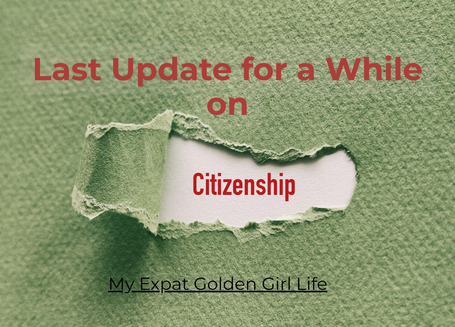 Sage(?) green... looks like paper towel material for the background. There is a ripped back section which reveals the word "Citizenship" I added the words "Last Update for a while on" above the word citizenship because that's about the extent of my creativity. 