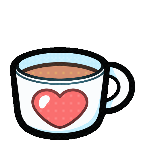 An animated coffee cup with a heart on the front. A gold coin repeatedly drops into the coffee, making a splash.