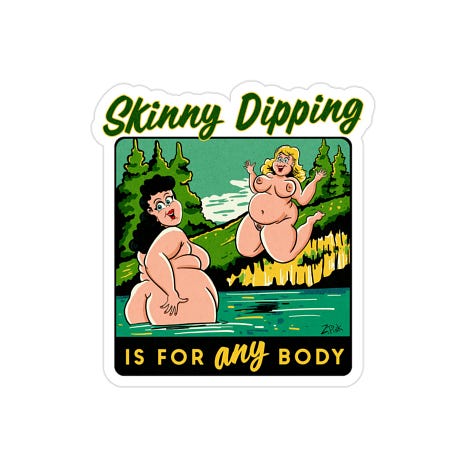 A gallery of past Planet Nude Skinny Dip Day merch featuring Zaftig Pink's previous designs. The 2024 art, a sunny, crowded beach scene of diverse nude cartoon figures, appears on a white ceramic mug and a white jersey tank. The 2025 art, a vivid purple cosmic scene of nude aliens and astronauts, appears on a white jersey tank and a white ceramic mug.