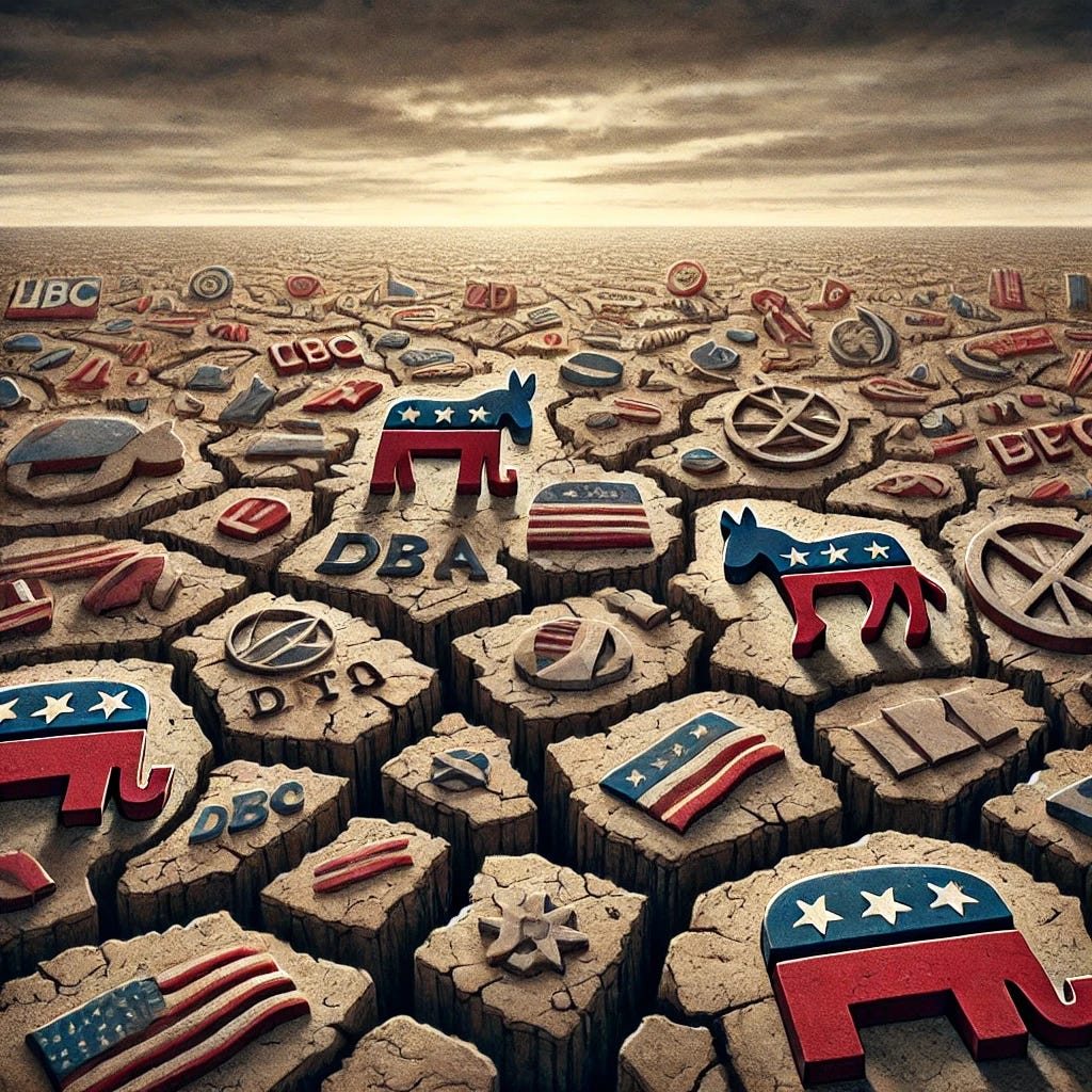 A fragmented political landscape, showing a barren terrain scattered with elements from both major political party logos and symbols. The ground appears cracked and barren, with a dull, overcast sky to evoke disillusionment and a sense of a divided and troubled political field.