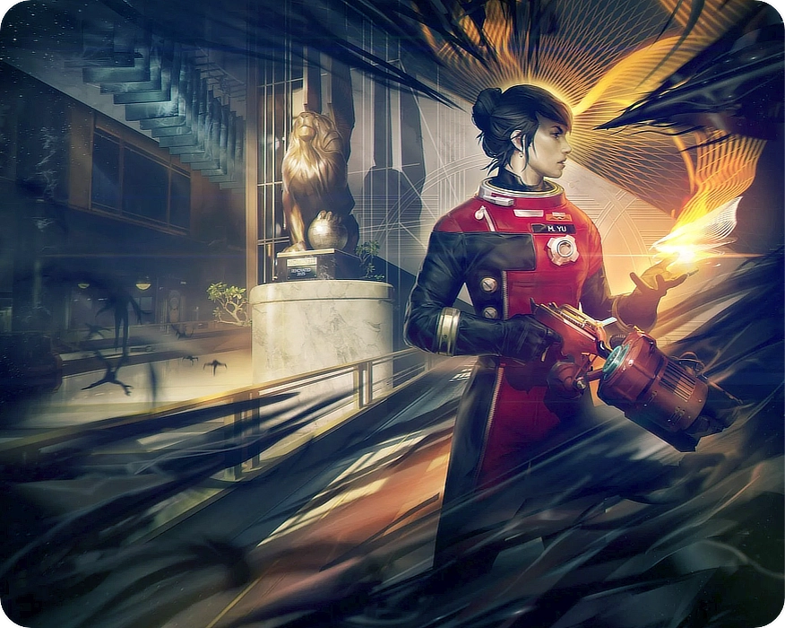 Digital art for the game Prey 2017. The protagonist Morgan holding the GLOO gun and using a special ability.