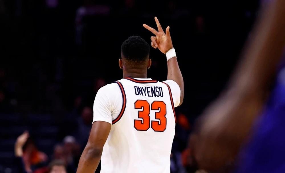 <p>Onyenso, a seven-footer, made the first three-pointer of his four-year career Tuesday — and then the second.</p> <p>Onyenso, a seven-footer, made the first three-pointer of his four-year career Tuesday — and then the second.</p>