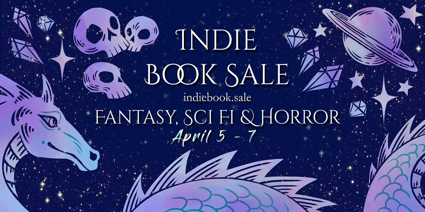 Banner for the Narratess Indie Book Sale. A chonky dragon reads a book at the bottom, a pile of skulls with a candle and ghost sit on the left of the text, and a space ship flies by a planet on the right of the text.   Text: Indie Book Sale  indiebook.sale  Fantasy, Sci FI & Horror  April 5 - 7