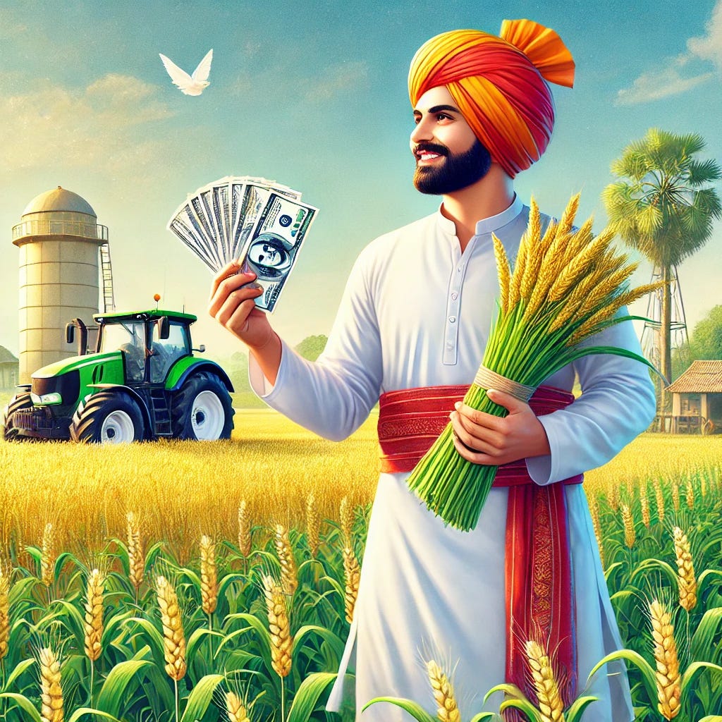 A detailed illustration of a prosperous Indian farmer standing in a lush green field with golden crops, holding a bundle of money in one hand. The farmer is dressed in traditional Indian attire, including a white kurta and dhoti, with a vibrant turban. The background features a clear blue sky and a modern tractor parked nearby, symbolizing progress and wealth. The overall mood is optimistic and celebratory, highlighting agricultural success.