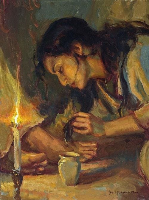 This may contain: a painting of a woman lighting a candle