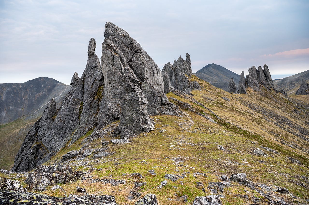 A dramatic line of tall, fractured granite tors rises along a grassy ridge crest, the largest a steep fin in the foreground, more spires trailing back toward a rounded peak. The overcast sky carries a faint pink cast of sunset at right.