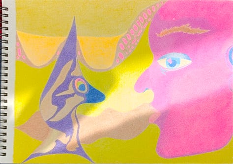 coloured pencils on paper, geometrical and more complex shapes in abstract compositions