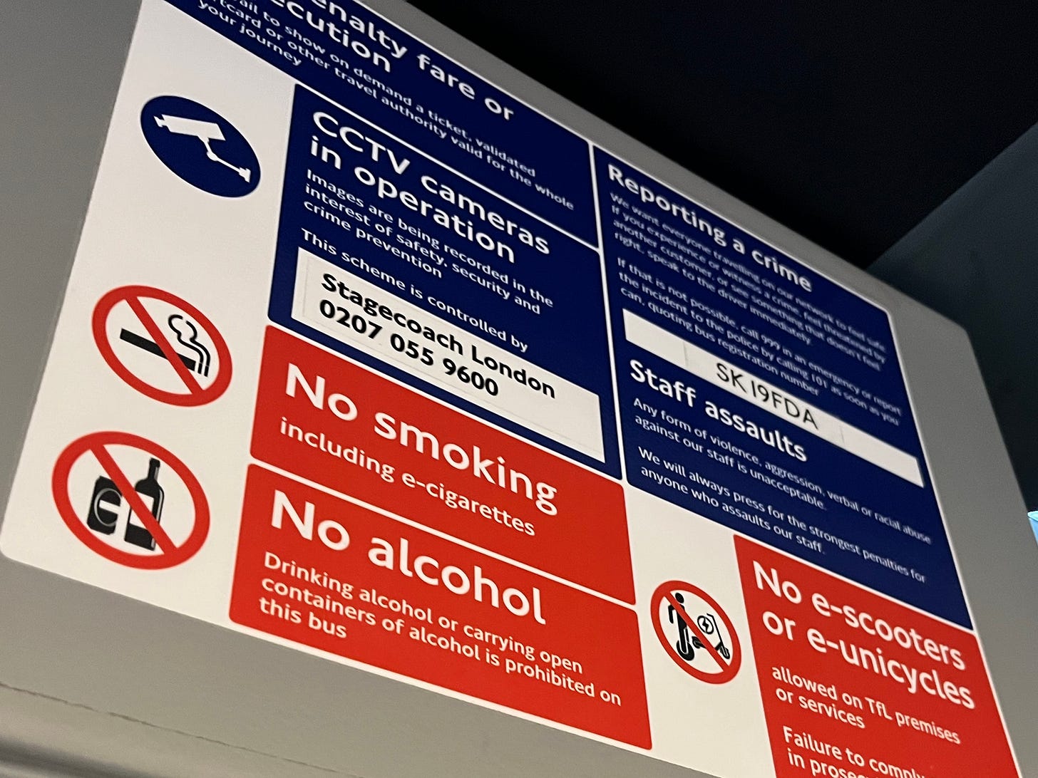 Photo of passenger information sign on a London bus detailing Stagecoach London as the CCTV operator.