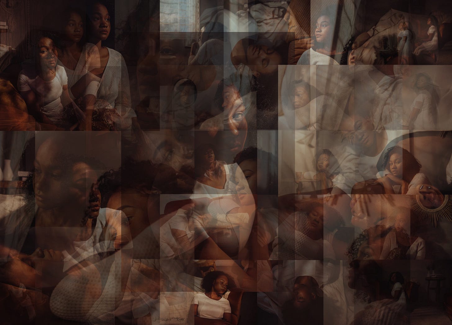 A digital palimpsest in deep browns, ambers, and shadowed neutrals. Dozens of photographic portraits of a Black woman overlap and intersect across a loose grid, their faces, eyes, shoulders, and turned heads layered into and through one another. Some figures appear at rest, others gaze outward or aside. Light catches a cheek, a shoulder, a curl of hair. Near the lower center, one woman in a white shirt sits more distinctly than the rest, her gaze steady toward the viewer. No single portrait dominates. The composition reads as one image and many at once, presences multiplied and partially veiled by each other, neither resolved into a single subject nor fully separable.