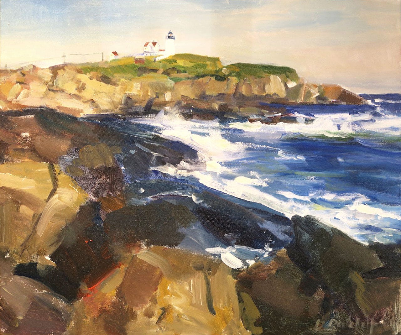 A painting of a lighthouse on a rocky shore
Description automatically generated A painting of a lighthouse on a rocky shore
Description automatically generated