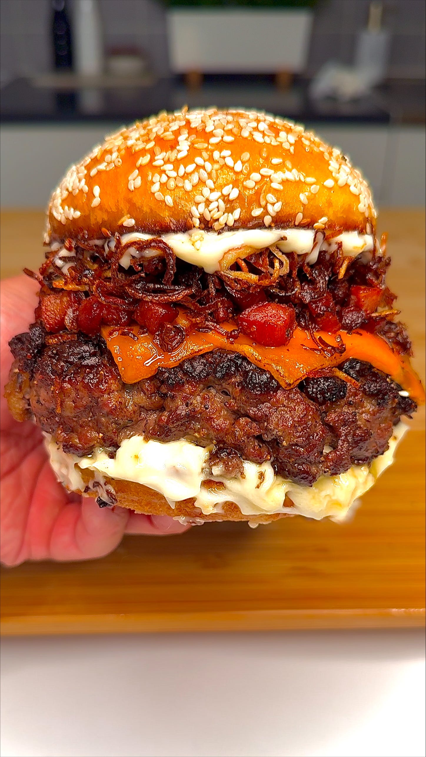 THE THICC SHORT RIBS PATTY BACON CRUMBLE BUTTER MAYONNAISE CHEESE BURGER