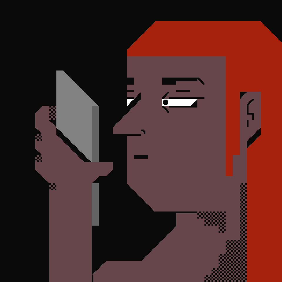 animation in a blocky pixel style - a man holds a phone in front of his face. the screen illuminates his face with a succession of fast, flashing colours. he is expressionless, but seems somehow content. animation in a blocky pixel style - a man holds a phone in front of his face. the screen illuminates his face with a succession of fast, flashing colours. he is expressionless, but seems somehow content.