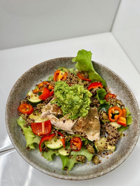 salmon, pistachio protein pancake breakfast bowl, loaded taco salad with fresh guacamole