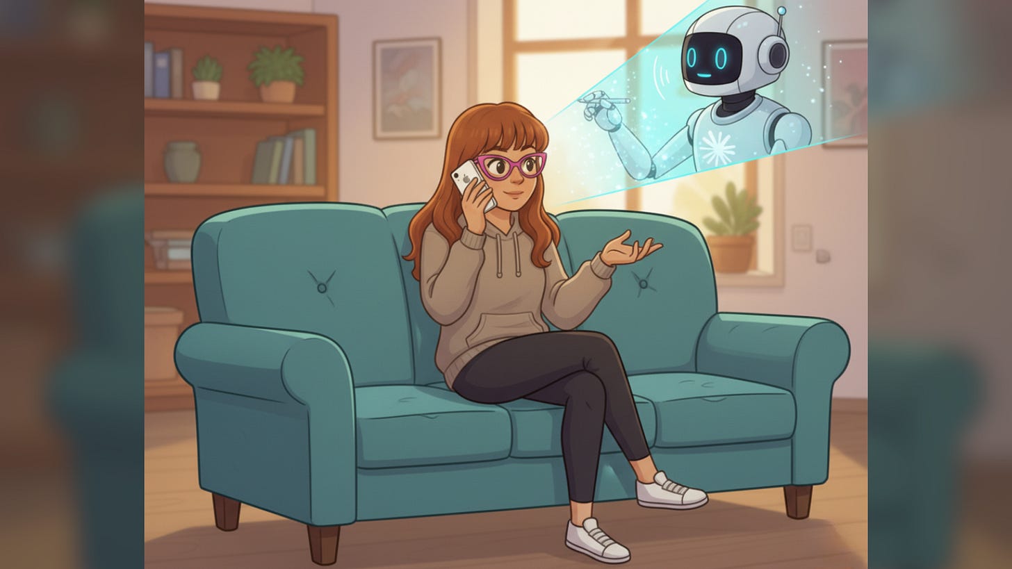 A digital illustration of a woman sitting on a teal couch, talking on her phone. A friendly robot appears as a hologram, listening and gesturing as if in conversation. The scene takes place in a cozy living room with plants and books in the background. The image represents the idea of talking naturally with AI — turning prompting into conversation.