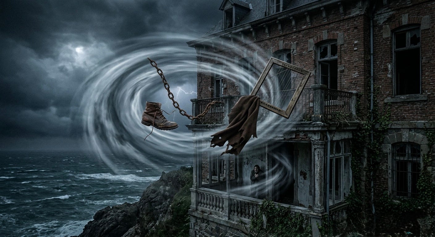 Caserón gótico de ladrillo abandonado en un acantilado durante una tormenta invernal nocturna, con un arpa eólica de madera en el balcón azotada por un viento espectral.