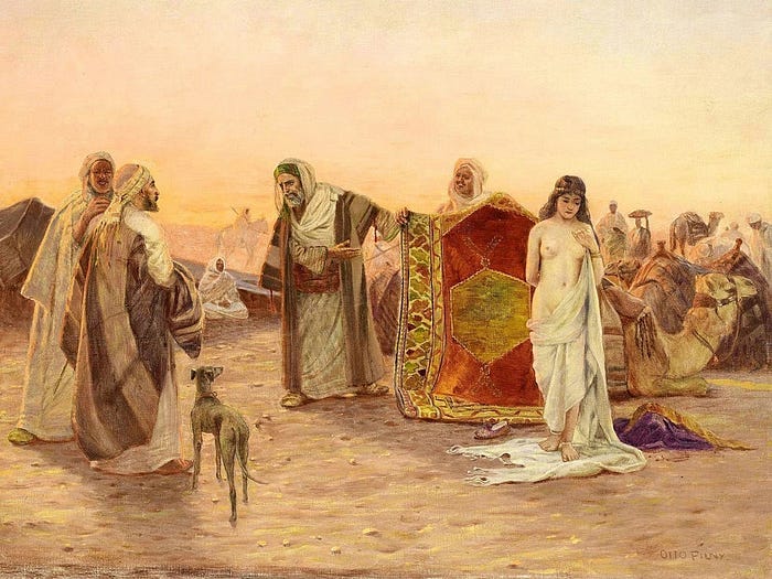A painting of people standing in a desert

Description automatically generated