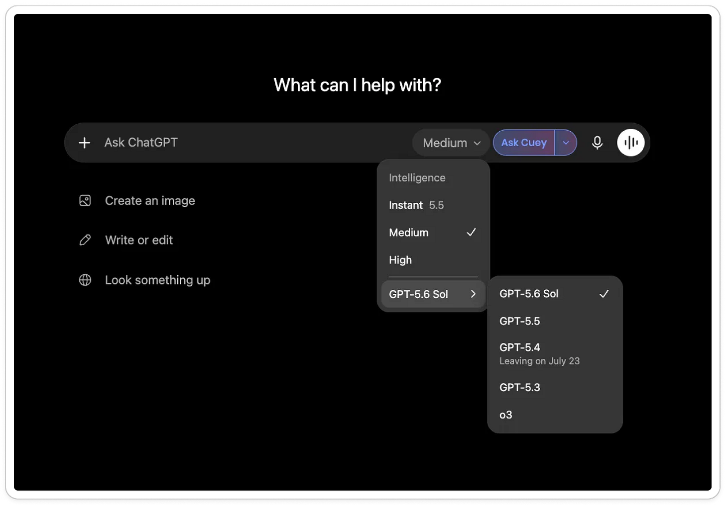 ChatGPT model picker on the web showing the Intelligence options Instant, Medium, and High, with a submenu listing GPT-5.6 Sol, GPT-5.5, GPT-5.4, GPT-5.3, and o3.