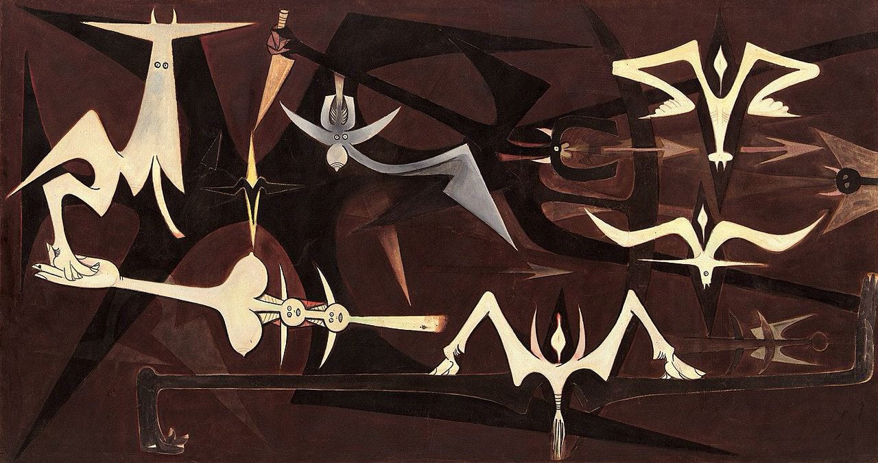 A Surrealist painting by Wilfredo Lam depicting beige, distorted figures on a dark brown and black background.