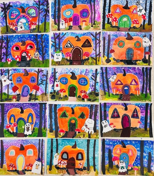 This may contain: several pictures of different houses in the woods with dogs and cats on them, all made up of colored paper