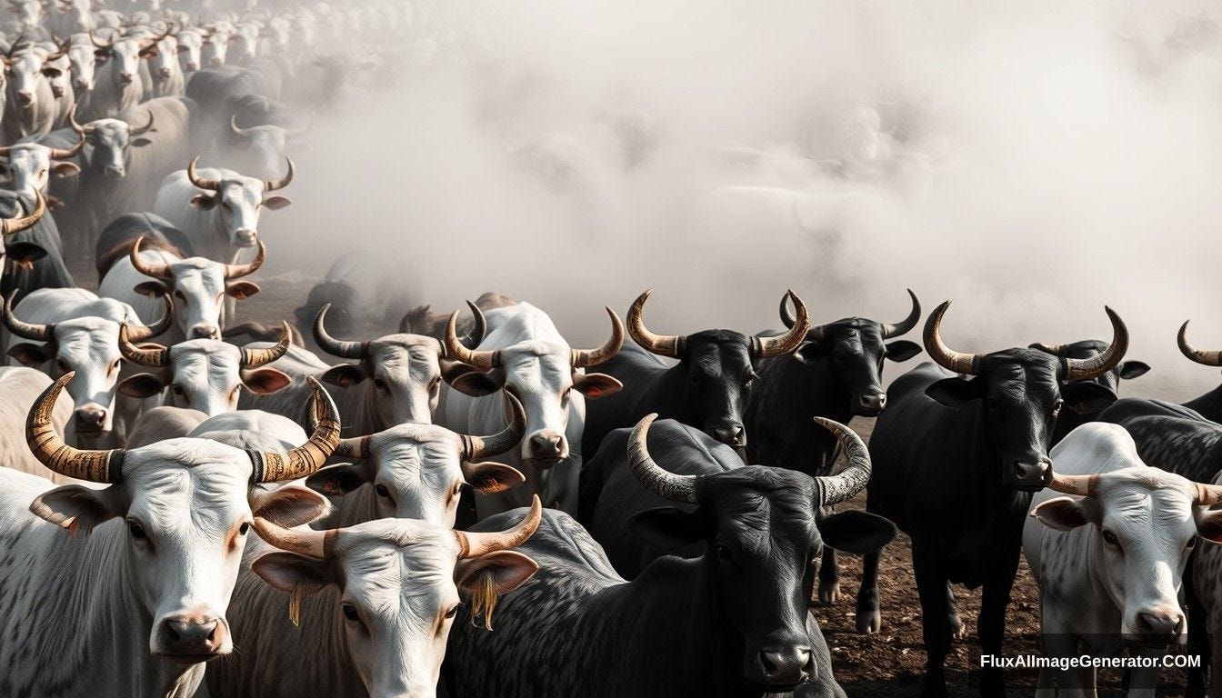 Flux.1 Prompt: a frame full of white and black bulls in it Flux.1 Prompt: a frame full of white and black bulls in it