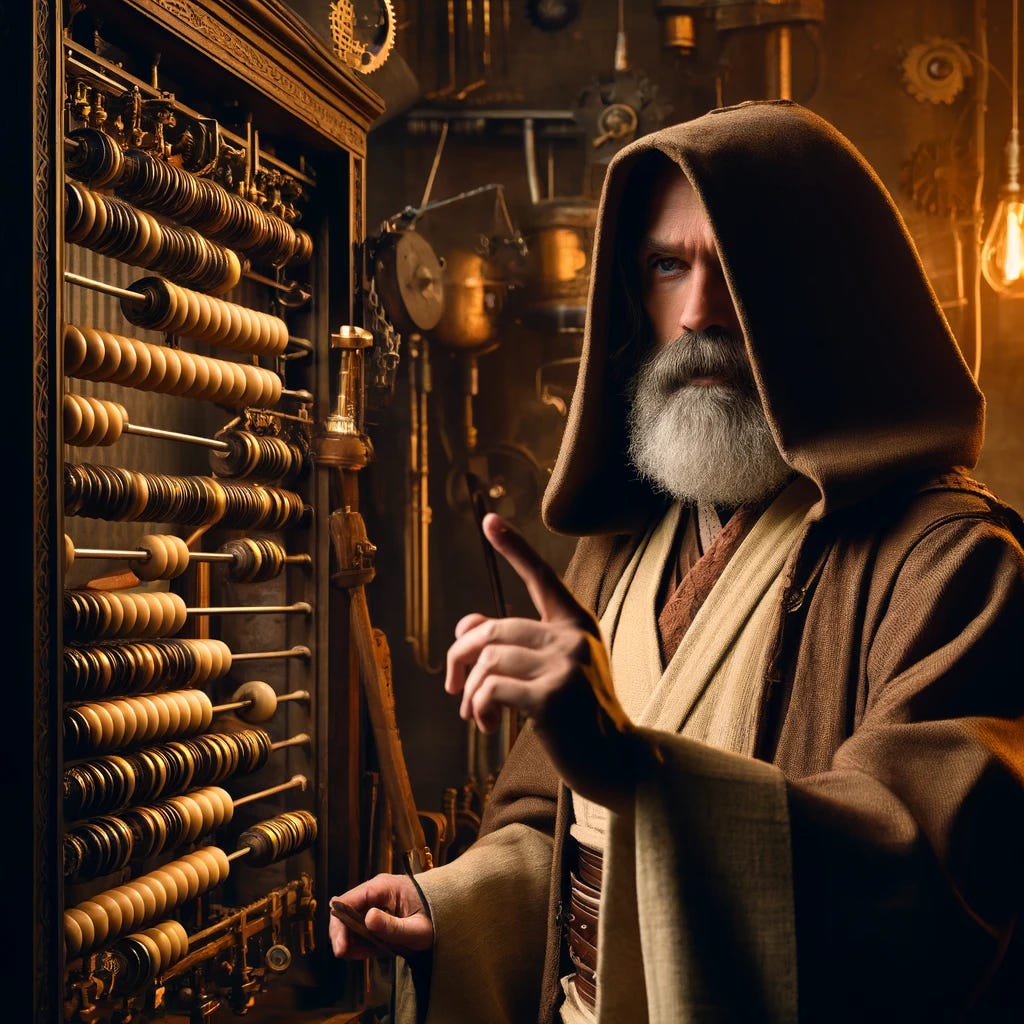 AI generated image of a white Jedi with a salt and pepper beard motioning toward a steam punk abacus