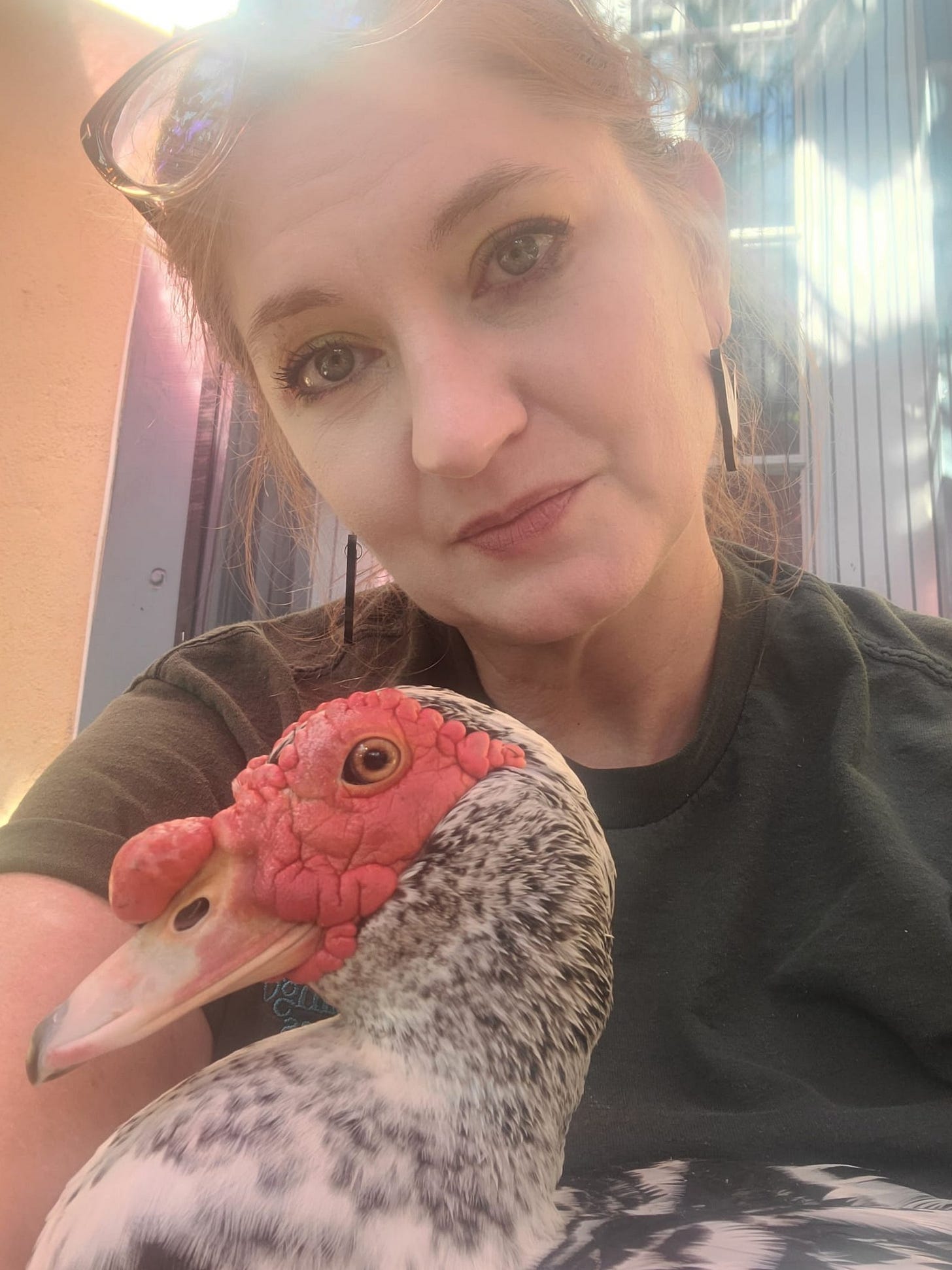 Crazy Duck Lady -- white lady with glasses on her head staring at the camera while holding a muscovy duck who is also staring at the camera