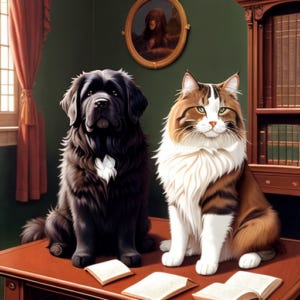 Newfie and a Maine Coon on a Desk