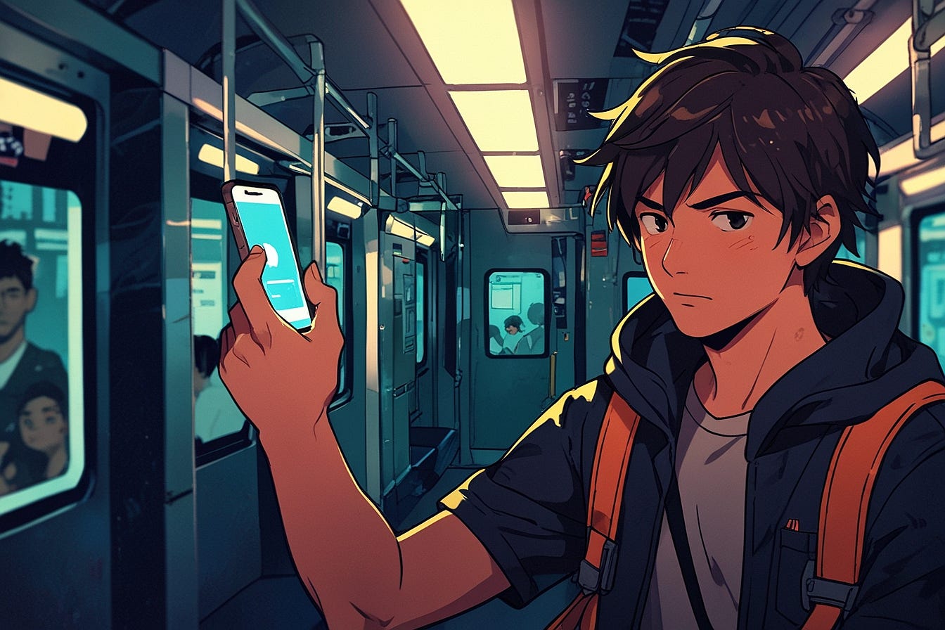 Man on subway looking at his cell phone with a graph on it. Man on subway looking at his cell phone with a graph on it.