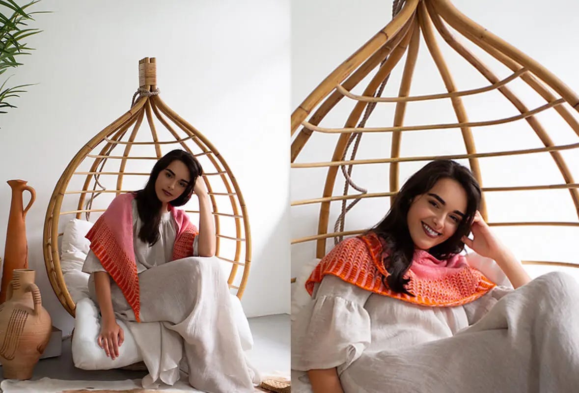 woman wearing pink and orange knitted shawl