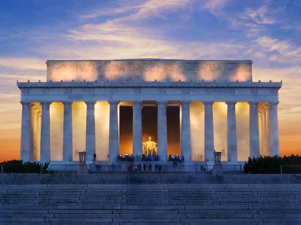 Exterior facade of the Lincoln Memorial at Sunset