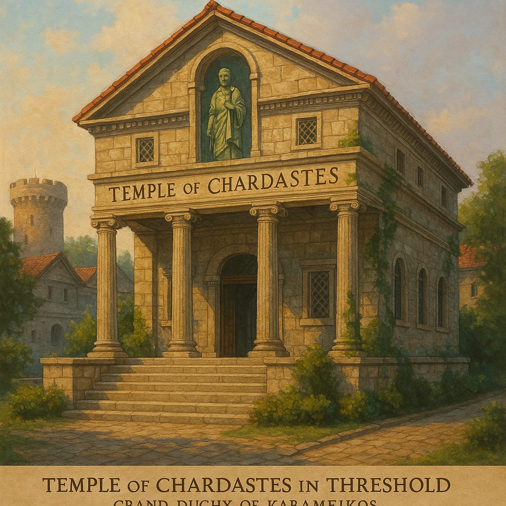 create a picture of the temple of Chardastes in Threshold in the Grand Duchy of Karameikos setting create a picture of the temple of Chardastes in Threshold in the Grand Duchy of Karameikos setting