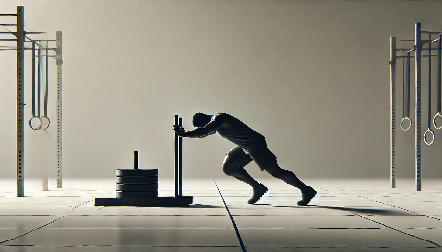 A minimalist scene of an individual pushing a very heavy sled. The person is straining with effort, muscles visibly tensed as they push the sled across the floor. The setting is a simple gym with clean lines and neutral colors, focusing on the essential elements without clutter. The environment is uncluttered, emphasizing the individual's struggle and determination to move the heavy sled. A minimalist scene of an individual pushing a very heavy sled. The person is straining with effort, muscles visibly tensed as they push the sled across the floor. The setting is a simple gym with clean lines and neutral colors, focusing on the essential elements without clutter. The environment is uncluttered, emphasizing the individual's struggle and determination to move the heavy sled.