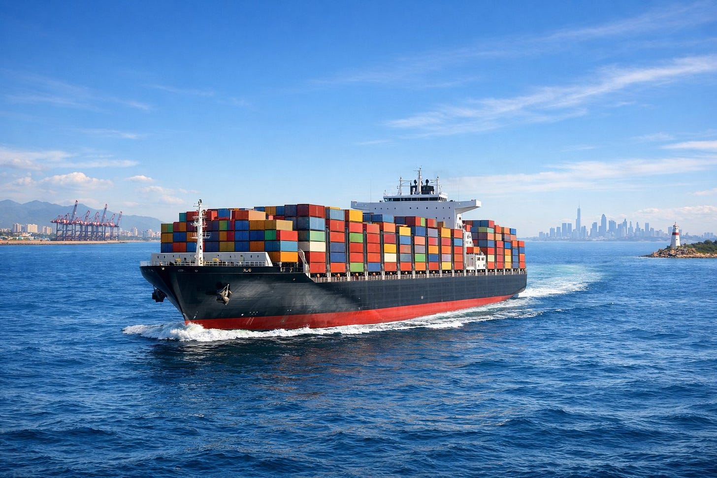 A large cargo ship loaded with containers sailing across the ocean from China to the United States, with coastlines visible on both sides. A large cargo ship loaded with containers sailing across the ocean from China to the United States, with coastlines visible on both sides.