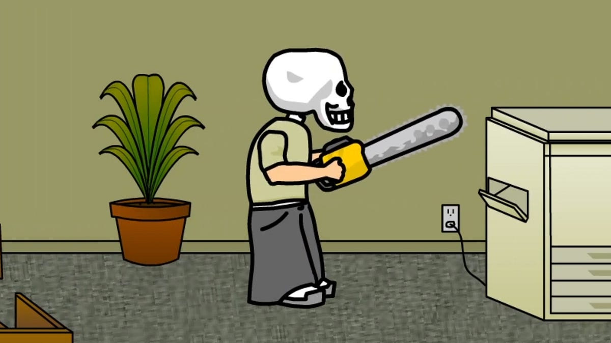 The Skullkid standing in an office next to a plant and copy machine while wielding a chainsaw.