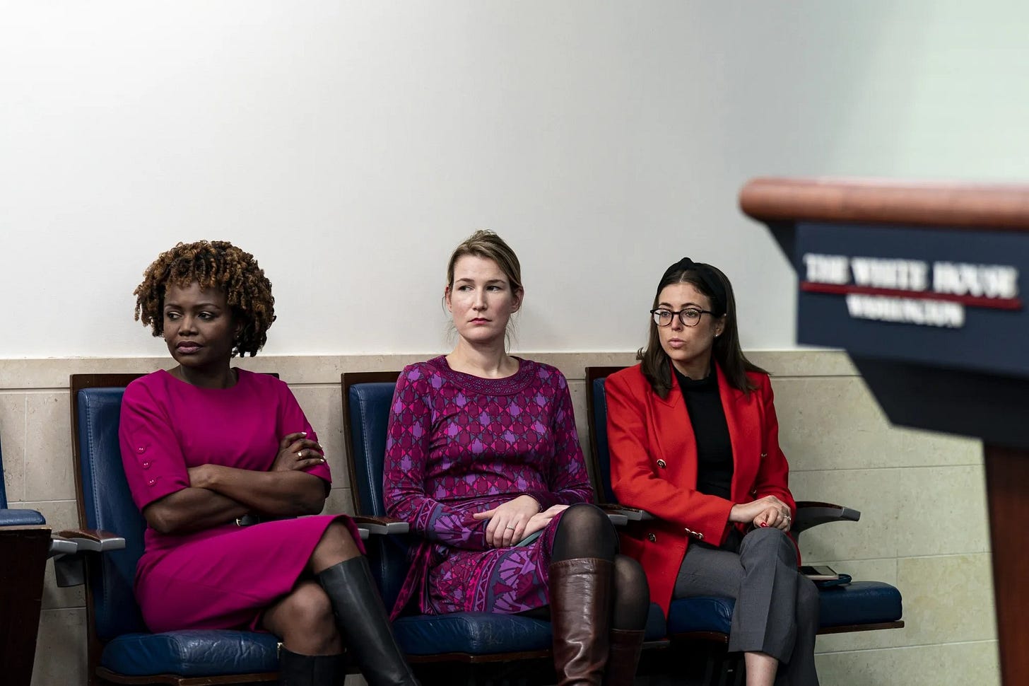 Biden Press Aides Karine Jean-Pierre (left) and Emily Simmons (right) at the White House.