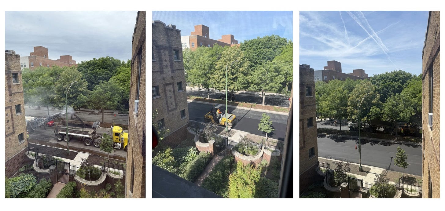 A triptych of photos of a street being ground down, a steamroller pressing new asphalt, and the finished product. A brick building frames the image and trees and an esplanade are visible A triptych of photos of a street being ground down, a steamroller pressing new asphalt, and the finished product. A brick building frames the image and trees and an esplanade are visible