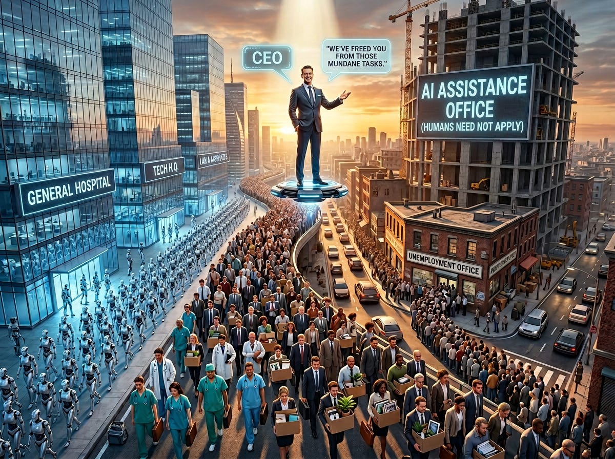 A cartoon‑style scene showing a CEO standing on a raised platform under a spotlight saying, “We’ve freed you from those mundane tasks.” Below him, a long line of laid‑off workers carry boxes toward an unemployment office. Nearby buildings show robots taking over jobs in hospitals, tech offices, and law firms. A sign on another building reads “AI Assistance Office (Humans Need Not Apply)."