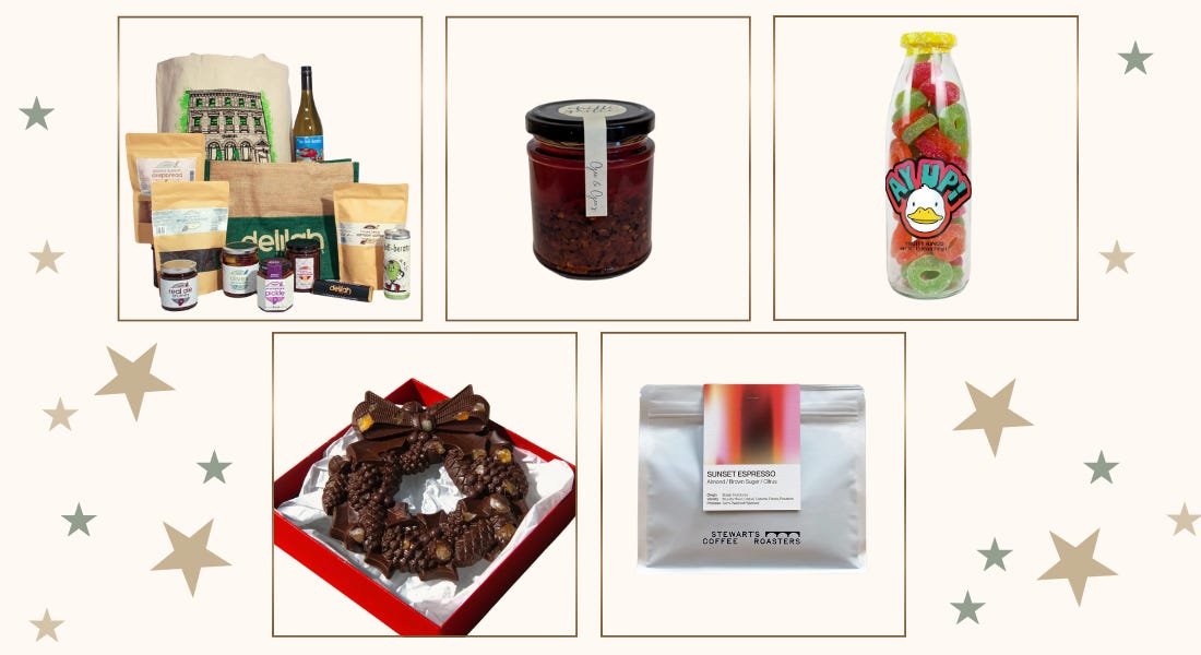 A graphic with green and gold stars and a hamper, chilli oil, sweets, a chocolate wreath, and coffee on it A graphic with green and gold stars and a hamper, chilli oil, sweets, a chocolate wreath, and coffee on it