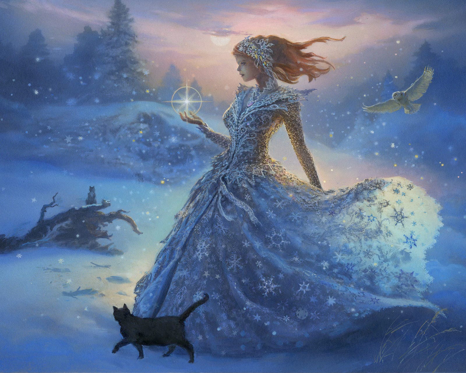 In profile, an elegant woman in close fitting bodice and flowing skirts saunters through a snow flurry with long red hair trailing as if swept up in the winter breeze. In the palm of one hand, she holds a star-shaped snowflake flaring with light. The details of her gown are accented with a myriad of snowflake designs. In the near foreground, a black cat strides ahead of her while a white owl glides on wings spread wide behind her. In the background snow, a black cat with white bib sits quietly, a distant observer.
