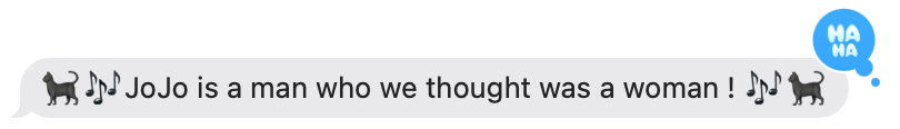 Screenshot of text message Audrey sent reading, "🐈‍⬛🎶JoJo is a man who we thought was a woman ! 🎶🐈‍⬛" with a laugh reaction captioned in a balloon.
