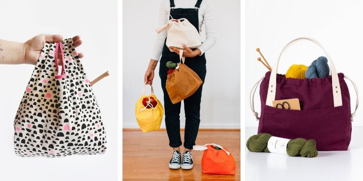 Three panel image showing Grainline Studio project bag sewing patterns: Field bag with drawstring closure in dalmatian print, person carrying multiple project bags including Town and Field bags, and Stowe bag with yarn and knitting supplies in burgundy canvas