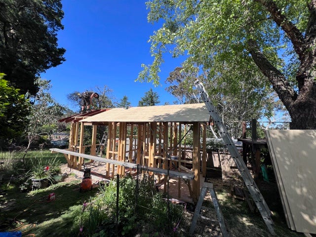 The shed's timber framework was initially covered with 20mm marine plywood roof sheets. The shed's timber framework was initially covered with 20mm marine plywood roof sheets.