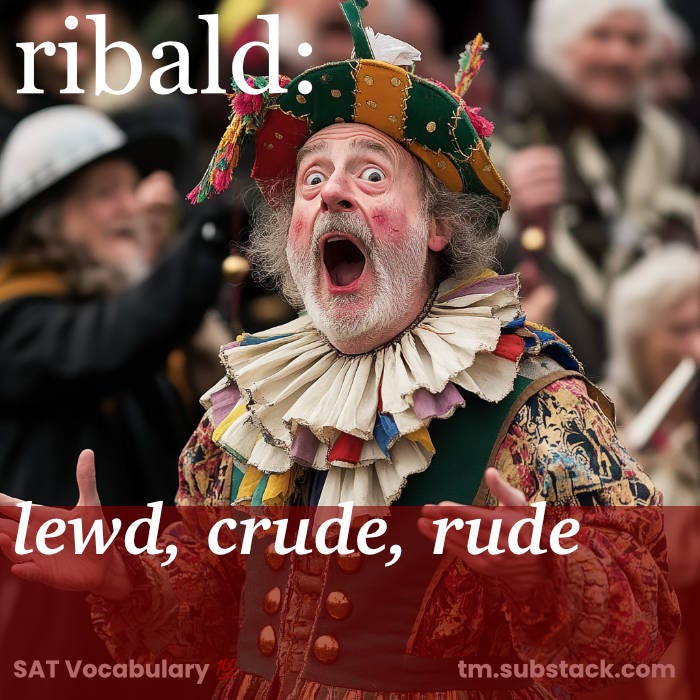 Medieval court jester entertaining nobles with ribald humor, illustrating the SAT vocabulary word 'ribald'