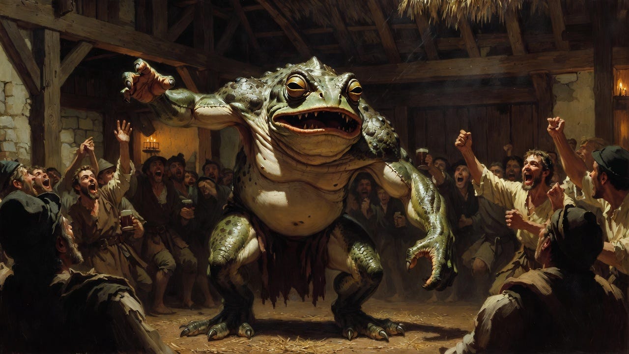 a graphic banner image of a large, imposing, dangerous-looking frog-like humanoid in a medieval tavern standing in a fighting pit surrounding by cheering medieval peasants, many of whom are holding mugs of ale; asymmetrical; classical painting style, low camera angle, textless a graphic banner image of a large, imposing, dangerous-looking frog-like humanoid in a medieval tavern standing in a fighting pit surrounding by cheering medieval peasants, many of whom are holding mugs of ale; asymmetrical; classical painting style, low camera angle, textless