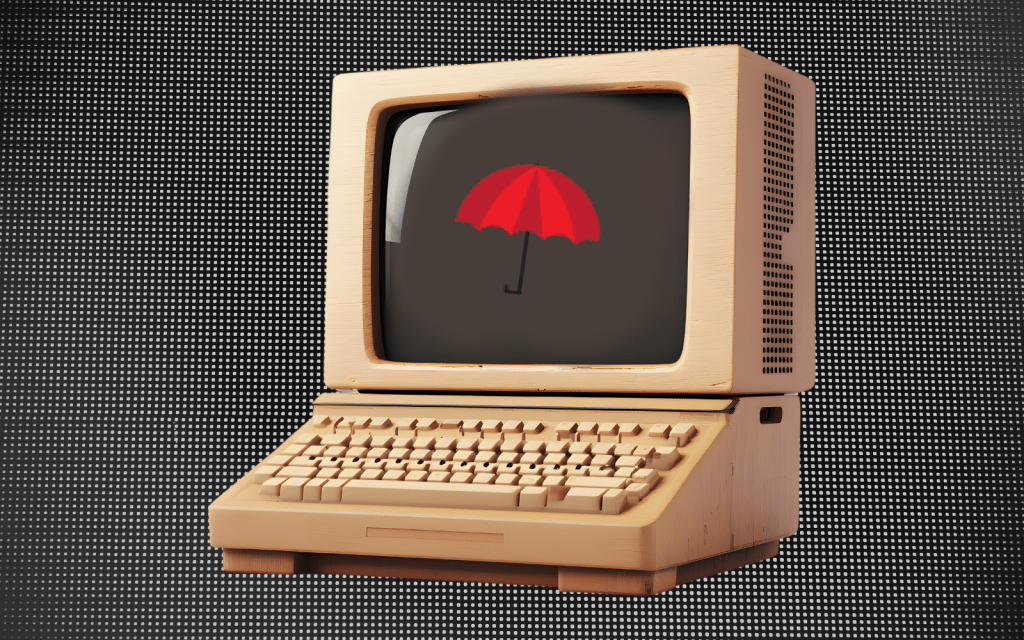 Graphic showing an old desktop computer with a pixelated red umbrella, an international symbol for sex worker rights, on the screen. The image's background is black with white pixels.
