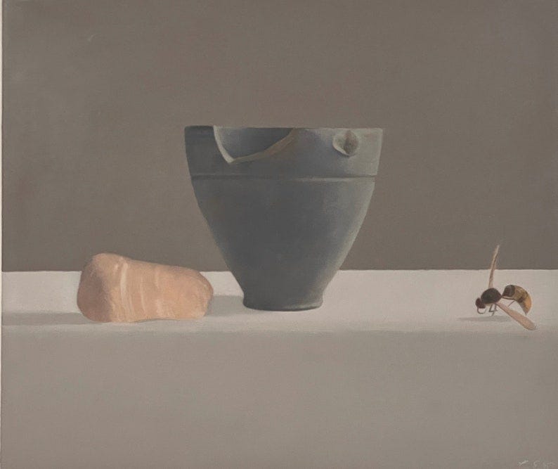 May include: A still life painting featuring a gray ceramic bowl, a light brown rock, and a yellow and black wasp on a white surface.