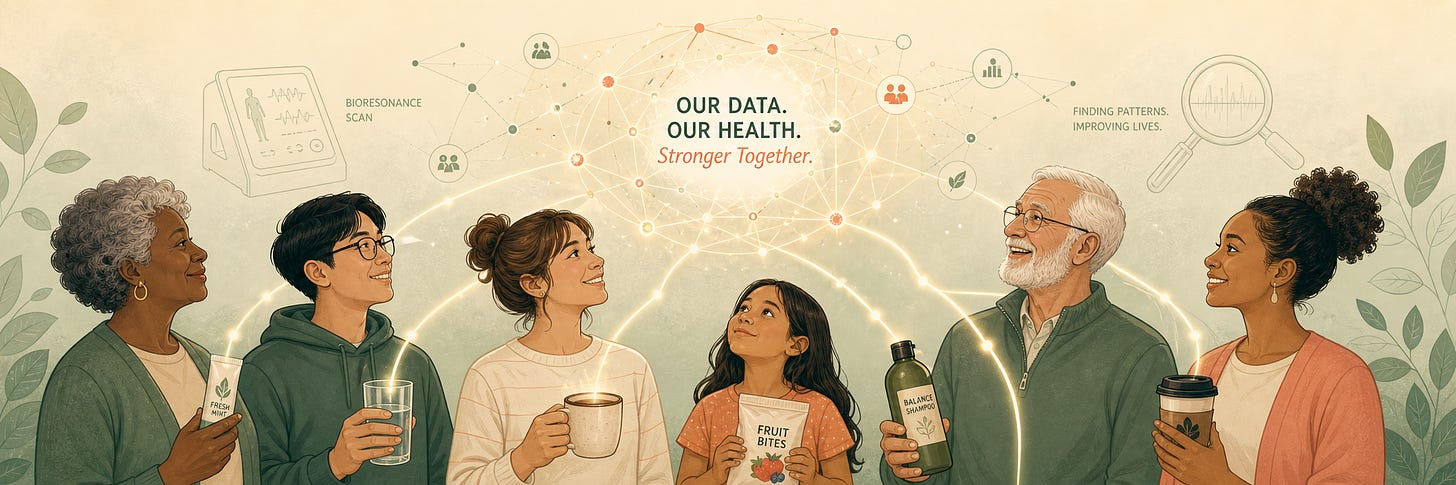 Illustration of everyday people's scan data forming a connected research network Illustration of everyday people's scan data forming a connected research network