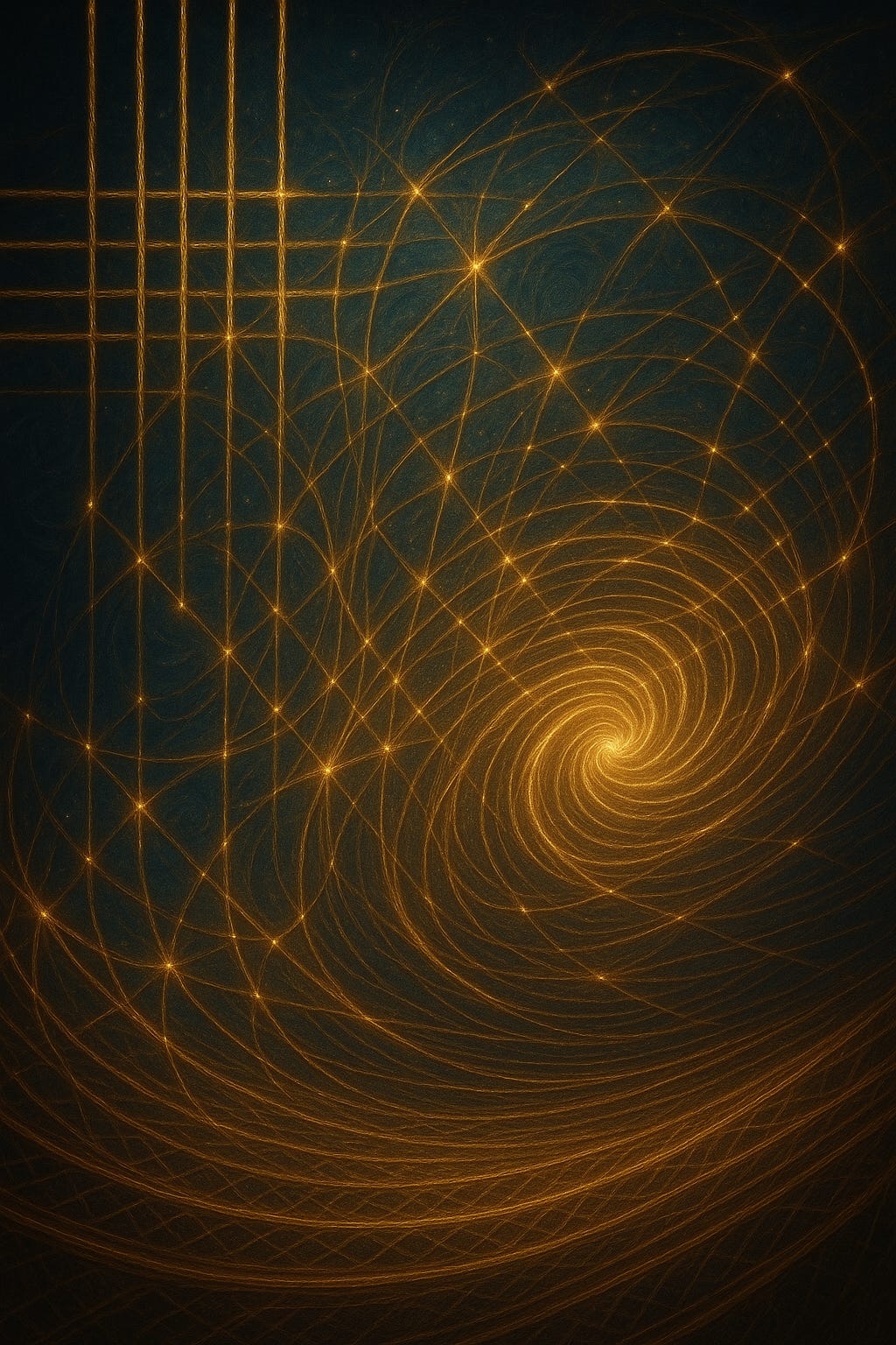 Dark cosmic background with fine golden threads forming a woven vertical–horizontal lattice on the left, meeting a radiant golden spiral galaxy on the right. The composition visually links stitched lines and swirling light, symbolising time stitching, gravity binding, and reality emerging as a unified woven field. Dark cosmic background with fine golden threads forming a woven vertical–horizontal lattice on the left, meeting a radiant golden spiral galaxy on the right. The composition visually links stitched lines and swirling light, symbolising time stitching, gravity binding, and reality emerging as a unified woven field.