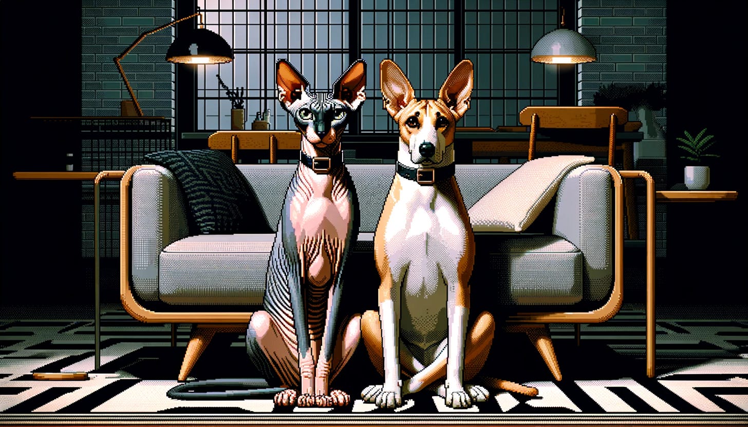 Create an image in the 16-bit SNK Neo-Geo cutscene aesthetic, featuring a Sphinx cat and a Cirneco dell'Etna hound, both with stylish collars, seated side by side on a low-slung mid-century modern sofa. The setting is the same cozy bohemian apartment from the previous images, with a black-and-white geometric tiled floor, and it is deep into the nighttime with soft indoor lighting. The Cirneco dell'Etna should be accurately represented with its slim build and large, upright ears, and both animals should be looking into the camera, matching the art style and mood of the earlier apartment scene.